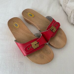Dr. Scholl's Red Leather Clogs with Gold Buckle